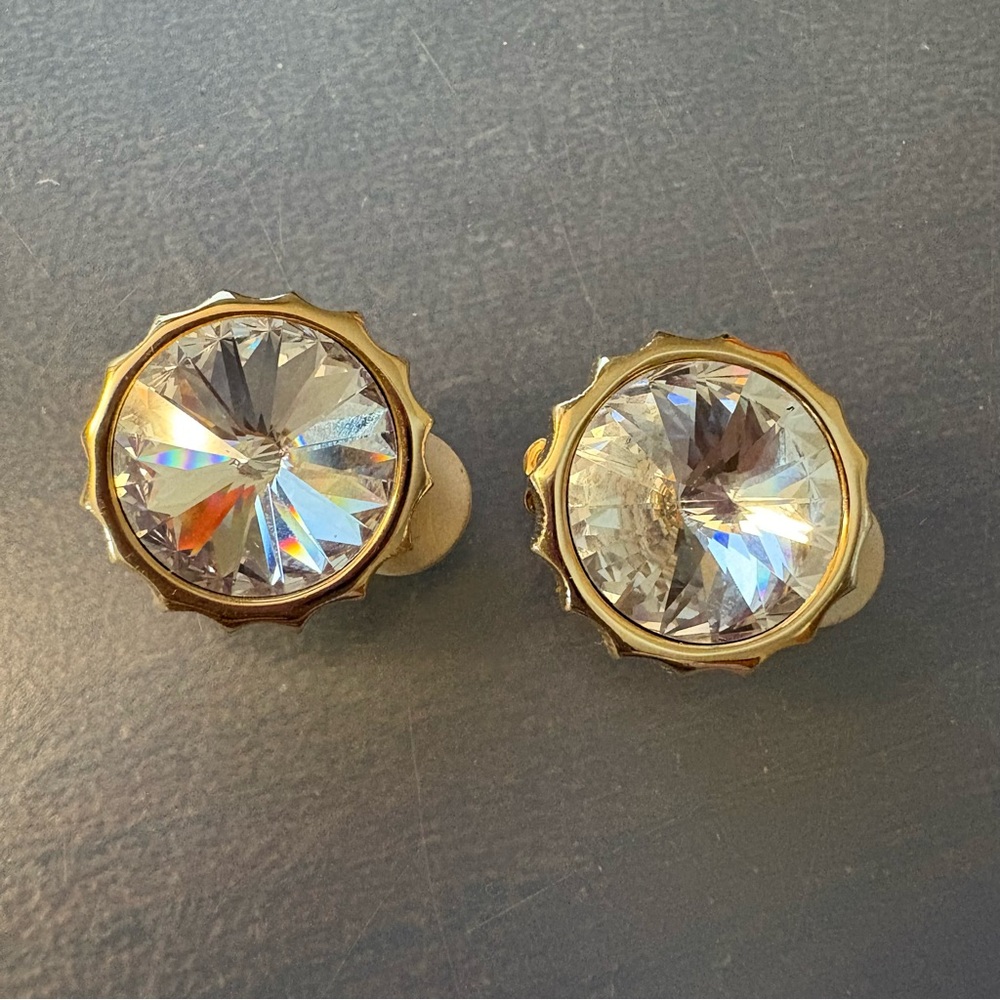 Swarovski Austrian Clear Crystal Swan Clip On Earrings Vintage Round Sparkle